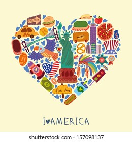 Greeting card-I love America. With many vector cute elements Stylish design element in bright colors
