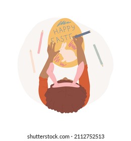 Greeting cards abstract concept vector illustration. Girl in bunny ears making egg gift card for Easter celebration, religious holiday preparation, handmade greeting pasteboard abstract metaphor.