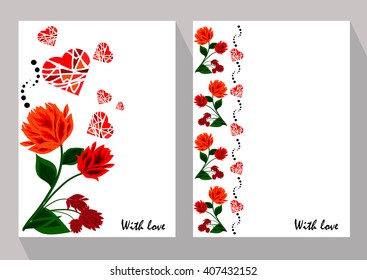 Greeting cards with abstract orange and red flowers in ethnic style for declarations of love, a gift for a loved one or a donation for the holiday or other