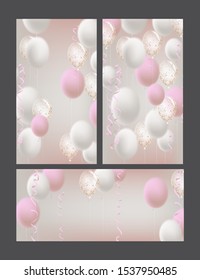 Greeting cards with air balloons and serpentine. Vector illustration