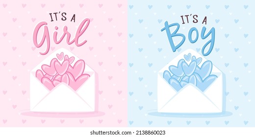 Greeting cards for baby shower party. New message with many pink and blue hearts. It's a girl, it's a boy.