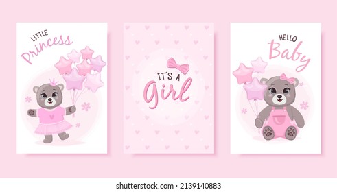 Greeting cards for baby shower party set. Cute baby girl little bear on pink background with flowers and hearts. It's a girl, little princess, hello baby.