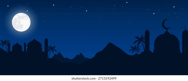 Greeting cards banner Ramadan and Eid background with copy space,Eid Al-Fitr Mubarak, Ramadan Kareem slamic Style night Background with green,blue,purple,yellow color Arabic 3d Ornaments, 