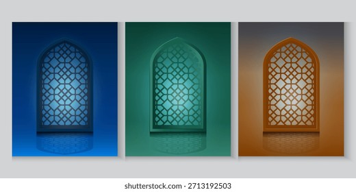 Greeting cards banner Ramadan and Eid background with copy space,Eid Al-Fitr Mubarak, Ramadan Kareem slamic Style night Background with green,blue,purple,yellow color Arabic 3d Ornaments, 