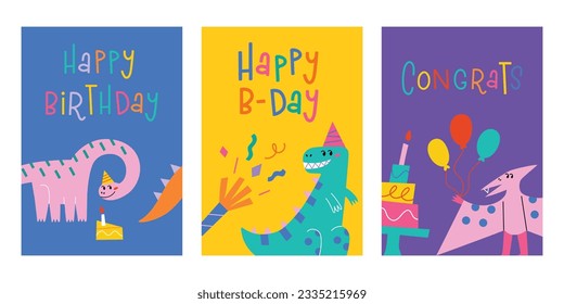 Greeting cards for birthday and children events, smiling dinosaurs composition, set of templates with hand written lettering, happy birthday congrats cards, vector arrangements with tyrannosaurus