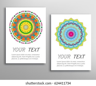 Greeting cards or birthday invitations collection. Geometric mandala ornament, stylized floral round pattern. Colorful background, ethnic arabic, indian decoration. Design elements for textile print