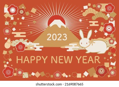 Greeting cards celebrating the New Year 2023 with illustration of a rabbit