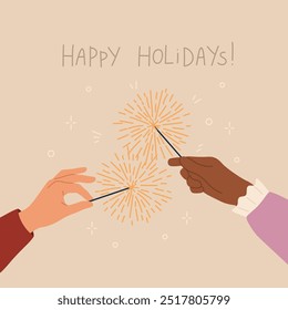 Greeting cards of celebration New Year and Christmas. Two hands different skin colors hold sparklers. Vector linear flat illustration for holiday print, poster, banner.