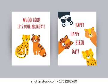 Greeting cards with cheerful animals. Happy birthday cards with cute animal characters. Vector illustration in flat style