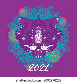 Greeting cards for chinese 2021 new year with tiger and ornaments, trendy violet palette, vector illustration