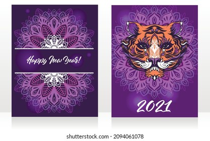Greeting cards for chinese 2021 new year with tiger and ornaments, trendy violet palette, vector illustration