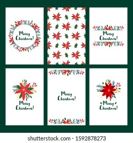 Greeting cards for Christmas big set, winter floral wreath and frame.