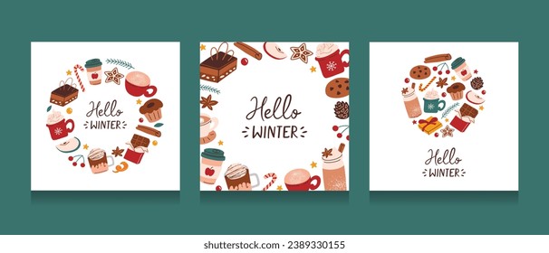 Greeting cards for Christmas and New Year, hello winter lettering, cozy compositions with coffee, chocolate and desserts, set of templates with holiday mood, vector arrangements with candy cane