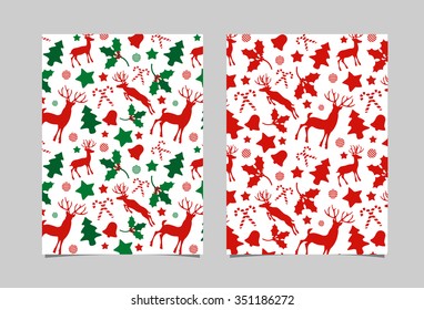 Greeting cards with christmas pattern background with reindeer and holly, bell, canes shapes.Merry christmas.