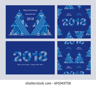 Greeting cards and Christmas seamless pattern with abstract trees. Happy New Year 2018. Wrapping paper for gifts.  Blue background. Vector.
