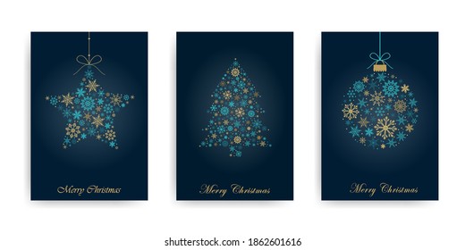 Greeting cards with christmas tree, ball and star turquoise and gold colour. Xmas elements and decorations. Vector illustration. Holliday gold pattern