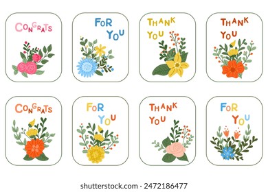 Greeting cards collection with flat floral compositions and hand drawn text. Vector hand drawn botanical and typographic illustration in kids pastel colors isolated on white background