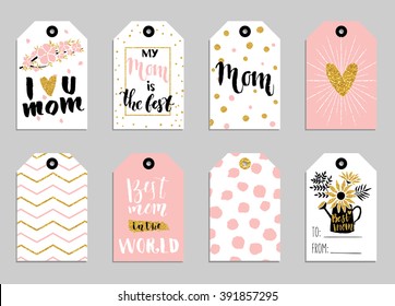 Greeting Cards Collection For Mother's Day. Cute Tags With Flowers, Lettering And Other Things On Gold Texture. Set Of Bright Holiday Invitations.