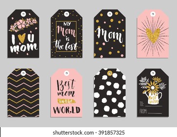 Greeting cards collection for Mother's day. Cute tags with flowers, lettering and other things on gold texture. Set of bright holiday invitations.