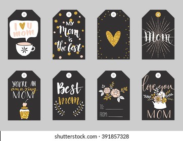 Greeting cards collection for Mother's day. Cute tags with flowers, lettering and other things on gold texture. Set of bright holiday invitations.