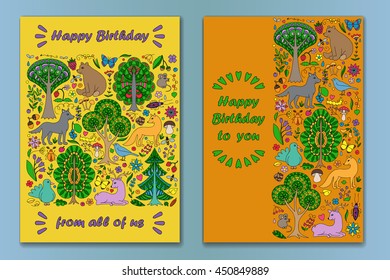 Greeting cards of colorful doodle forest animals and plants. Happy Birthday cards set. Vector illustration of cover with childish woodland. Poster collection