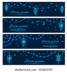 Greeting cards with colorful hanging lanterns vintage, stars, lights on a dark background. Modern concept congratulations holy fasting month of Ramadan Kareem. Vector illustration