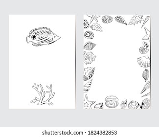 Greeting cards with corals, shells and fish.  Decor with sea elements