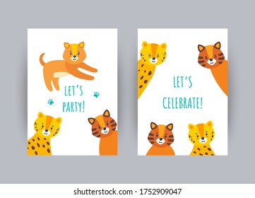 Greeting cards with cute animals. Colorful celebration cards with animal characters looking out. Vector illustration in flat style