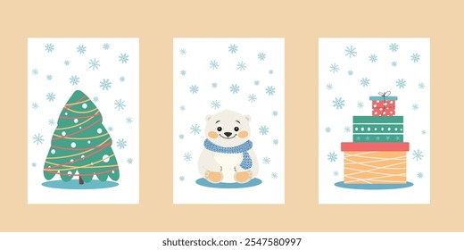 Tarjetas de felicitación, lindo bebé oso polar con bufanda azul, árbol de Navidad con guirnalda y copos de nieve, fRegalos de Navidad envueltos, estilo minimalista plano, diseño de Vector festivo 