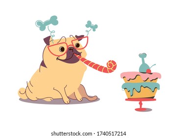 Greeting cards with a cute cartoon pug, next to the dog cake with chicken leg. The dog has a birthday. Funny vector animal, little puppy in glasses and a pipe.