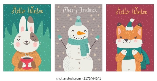 Greeting Cards with Cute Characters. Christmas Cards. Bunny, Snowman and Fox