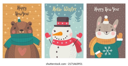 Greeting Cards with Cute Characters. New Year Cards. Bear, Snowman and Rabbit Wearing Winter Clothes