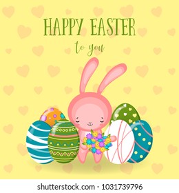 Greeting cards with cute Easter bunny, Easter eggs and flowers. Vector funny characters rabbit illustration. 
