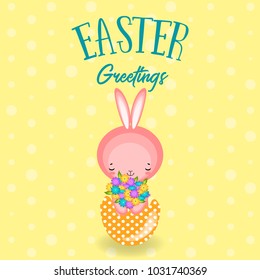 Greeting cards with cute Easter bunny, Easter eggs and flowers. Vector funny characters rabbit illustration. 