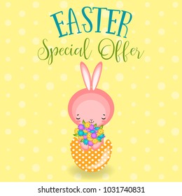 Greeting cards with cute Easter bunny, Easter eggs and flowers. Vector funny characters rabbit illustration. 