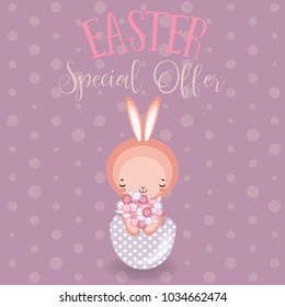 Greeting cards with cute Easter bunny, Easter eggs and flowers. Vector funny characters rabbit illustration. 