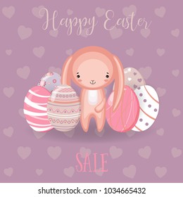 Greeting cards with cute Easter bunny, Easter eggs and flowers. Vector funny characters rabbit illustration. 