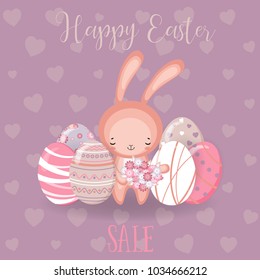 Greeting cards with cute Easter bunny, Easter eggs and flowers. Vector funny characters rabbit illustration. 