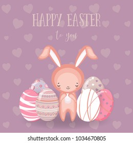 Greeting cards with cute Easter bunny, Easter eggs and flowers. Vector funny characters rabbit illustration. 