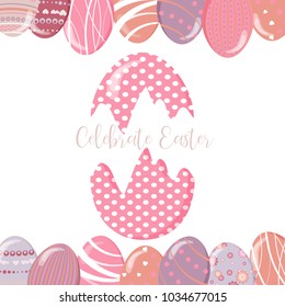 Greeting cards with cute Easter bunny, Easter eggs and flowers. Vector funny characters rabbit illustration. 