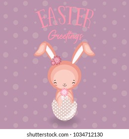 Greeting cards with cute Easter bunny, Easter eggs and flowers. Vector funny characters rabbit illustration. 