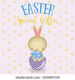 Greeting cards with cute Easter bunny, Easter eggs and flowers. Vector funny characters rabbit illustration. 