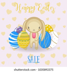 Greeting cards with cute Easter bunny, Easter eggs and flowers. Vector funny characters rabbit illustration. 
