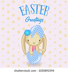 Greeting cards with cute Easter bunny, Easter eggs and flowers. Vector funny characters rabbit illustration. 