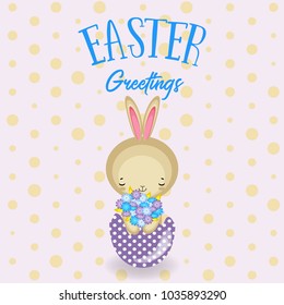 Greeting cards with cute Easter bunny, Easter eggs and flowers. Vector funny characters rabbit illustration. 