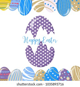 Greeting cards with cute Easter bunny, Easter eggs and flowers. Vector funny characters rabbit illustration. 