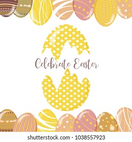 Greeting cards with cute Easter bunny, Easter eggs and flowers. Vector funny characters rabbit illustration. 