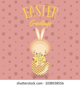 Greeting cards with cute Easter bunny, Easter eggs and flowers. Vector funny characters rabbit illustration. 