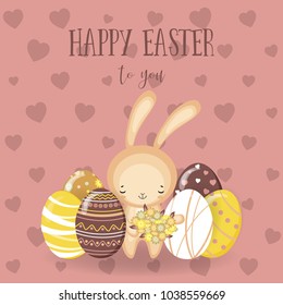 Greeting cards with cute Easter bunny, Easter eggs and flowers. Vector funny characters rabbit illustration. 