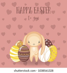 Greeting cards with cute Easter bunny, Easter eggs and flowers. Vector funny characters rabbit illustration. 